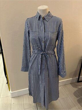 Blue and White Striped Long-Sleeve Shirt Dress with Waist Tie